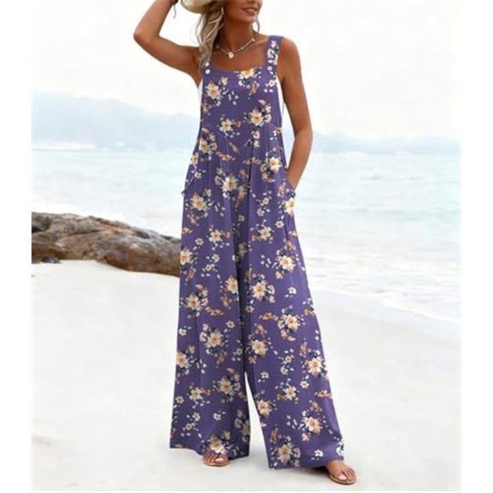 Women's Casual Overalls Loose Wide Leg Jumpsuit Summer Boho Baggy Romper - Picture 2 of 5